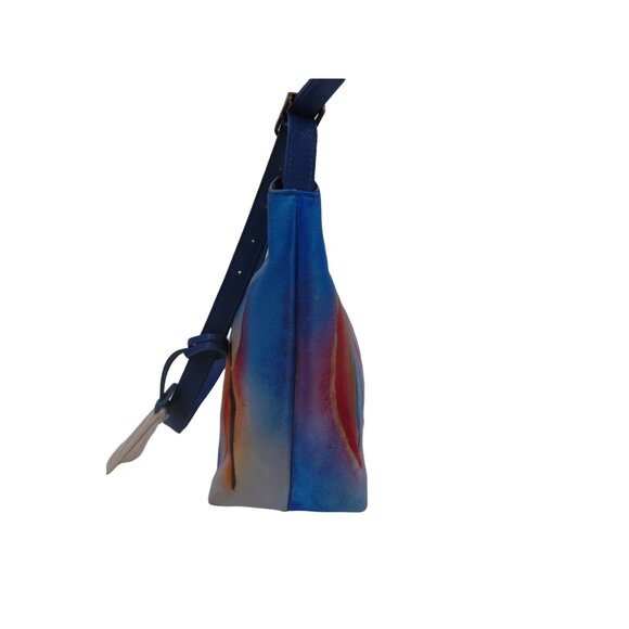 Anuschka Leather Abstract Lines Shoulder Hobo Purse Handbag Shimmer  Blue Pink - Picture 7 of 16